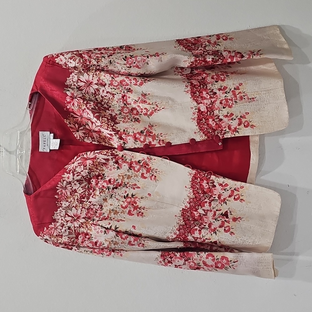 Papell Women silk jacket Size 8 Floral Red Beige